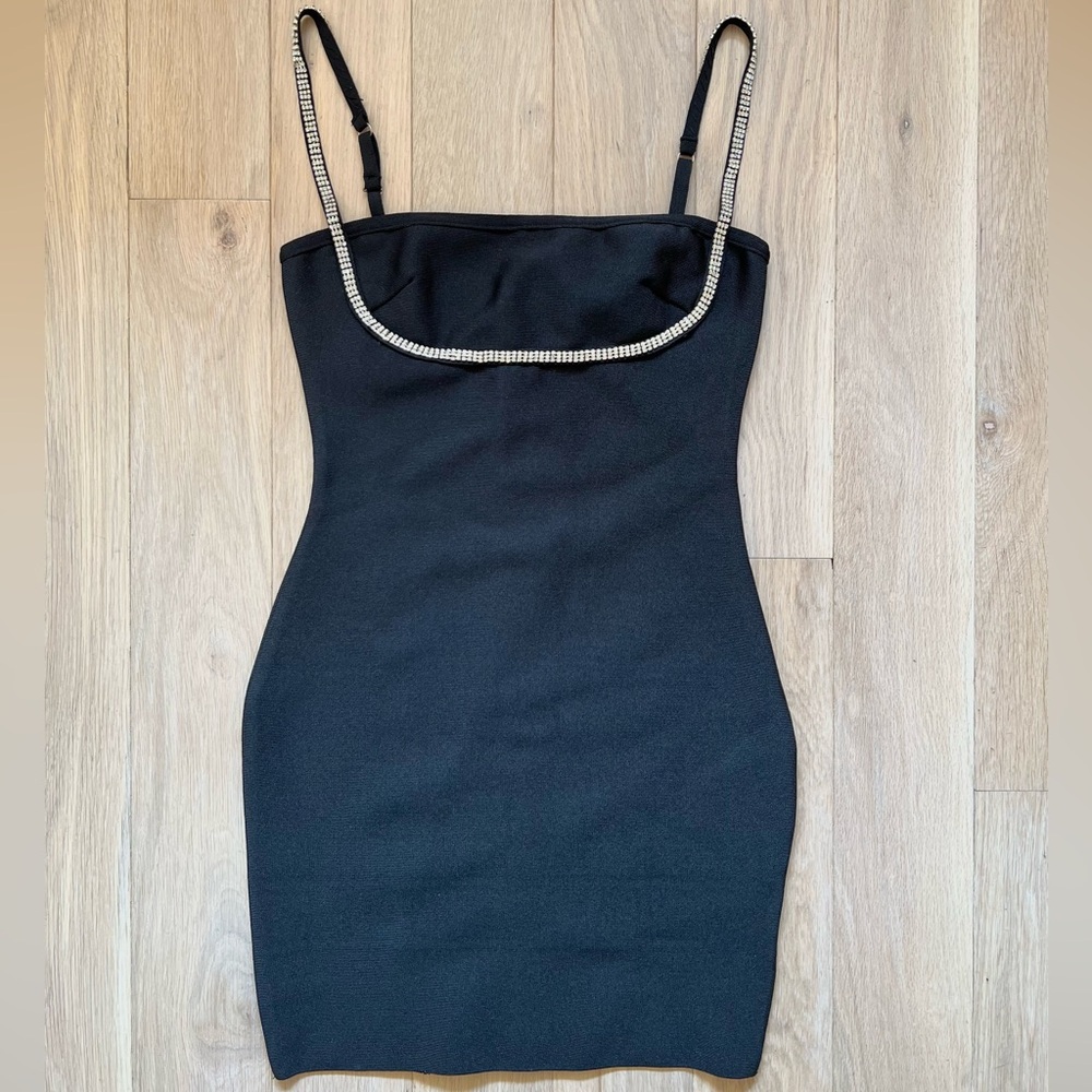 superdown Black Rhinestone-Trim Bodycon Mini Dress Small